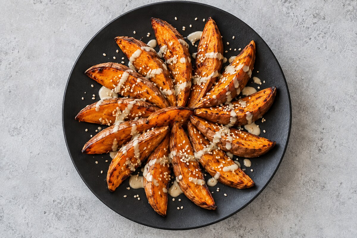 Батат, запечённый с тахини и кунжутом