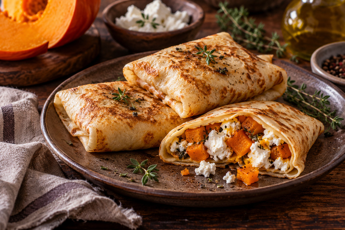 Блинчики с печёной тыквой и козьим сыром