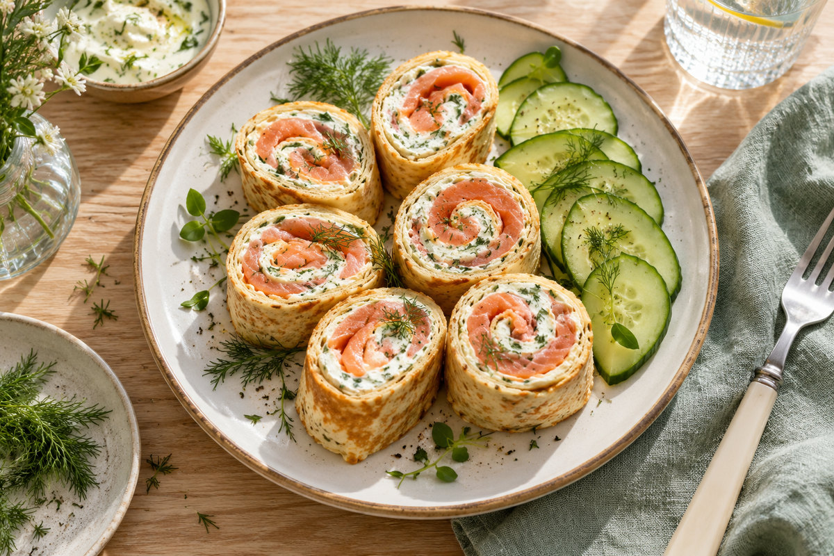 Блинный рулет с лососем и сливочным сыром