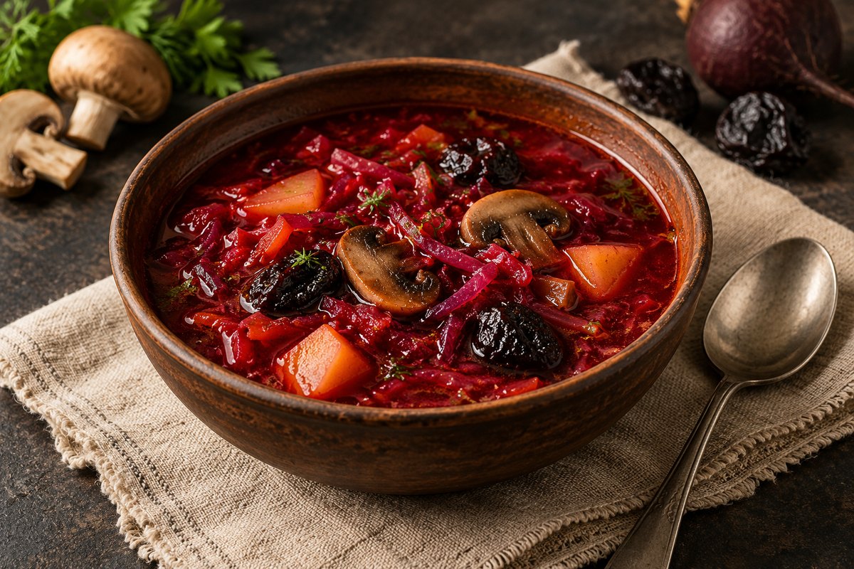 Борщ постный с грибами и черносливом