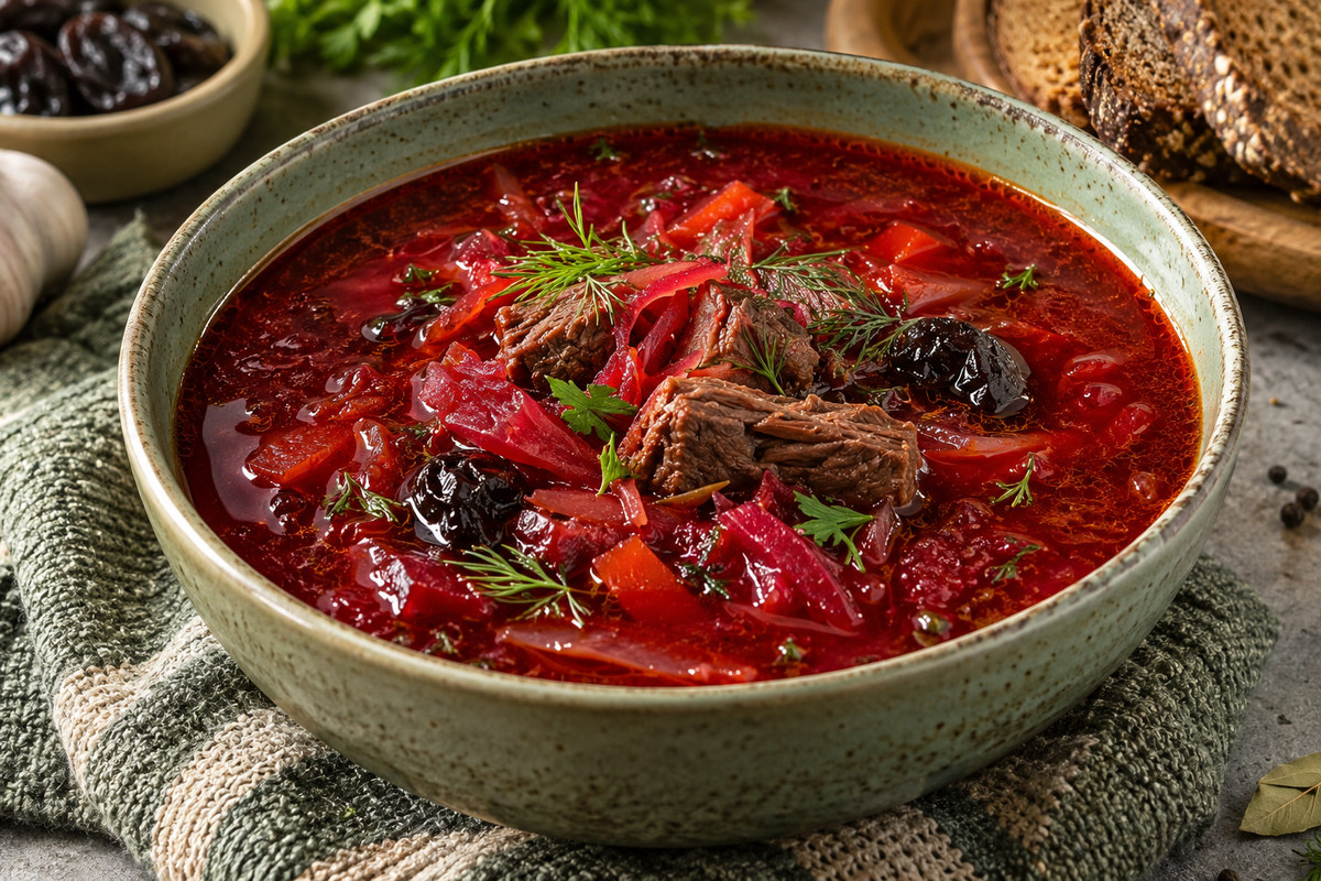 Борщ с говядиной и черносливом