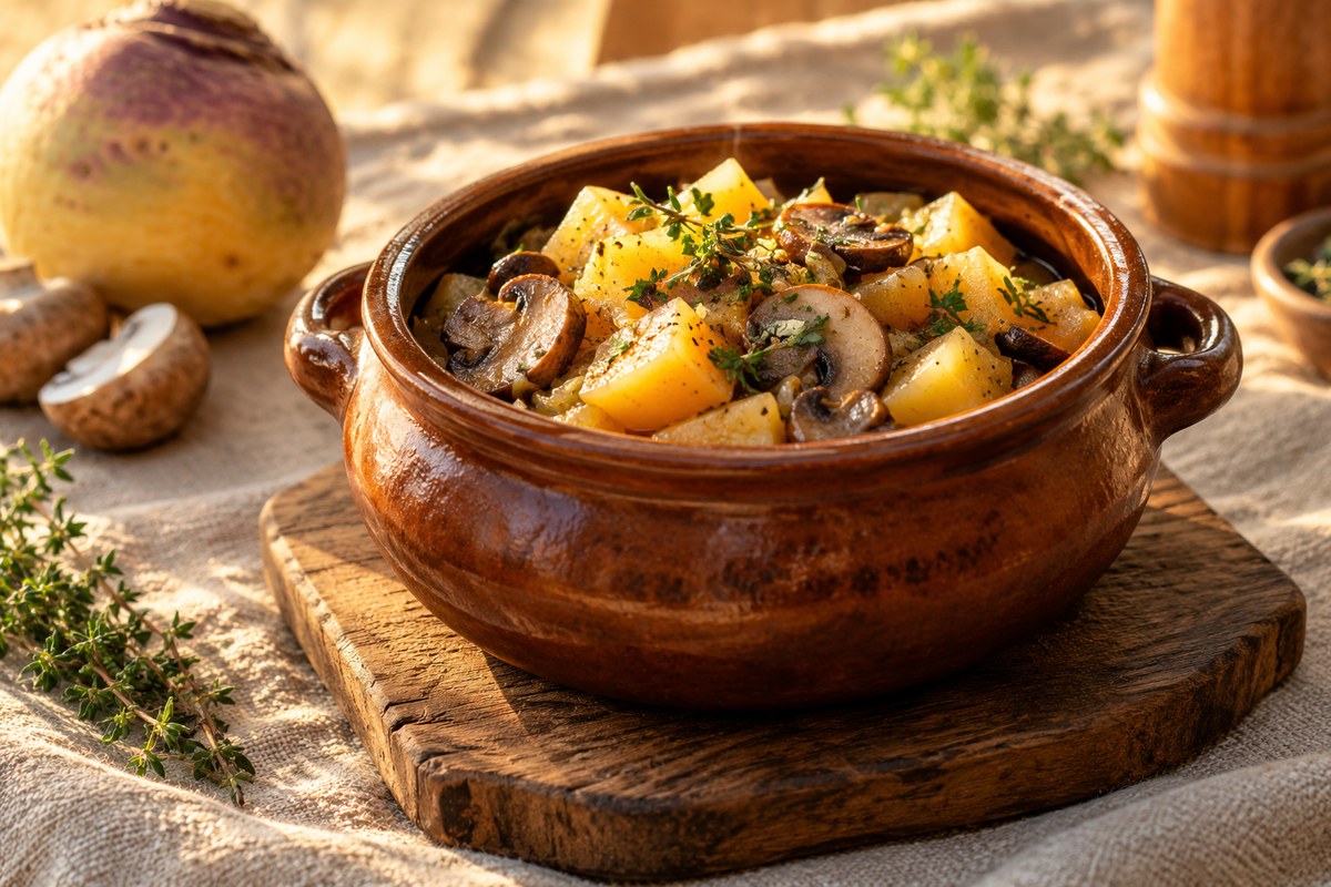 Брюква с грибами в горшочке