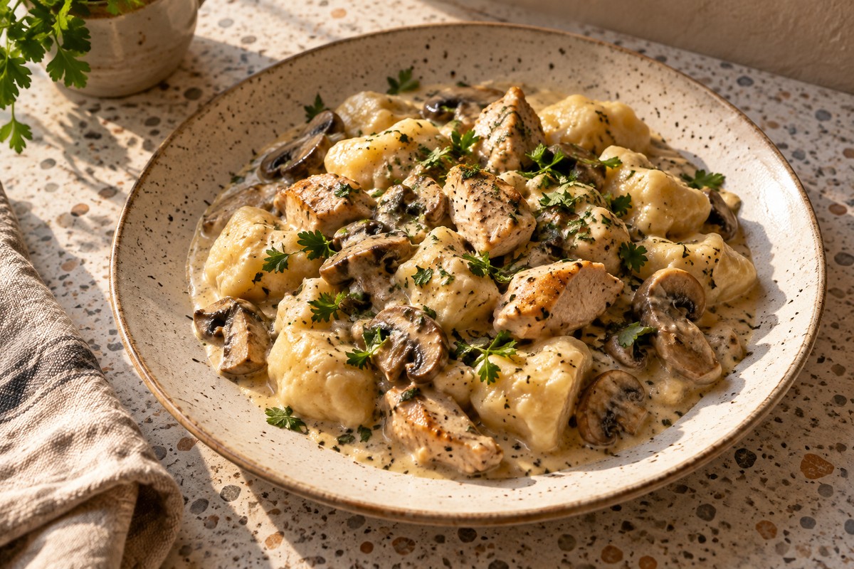 Галушки с курицей и грибным соусом