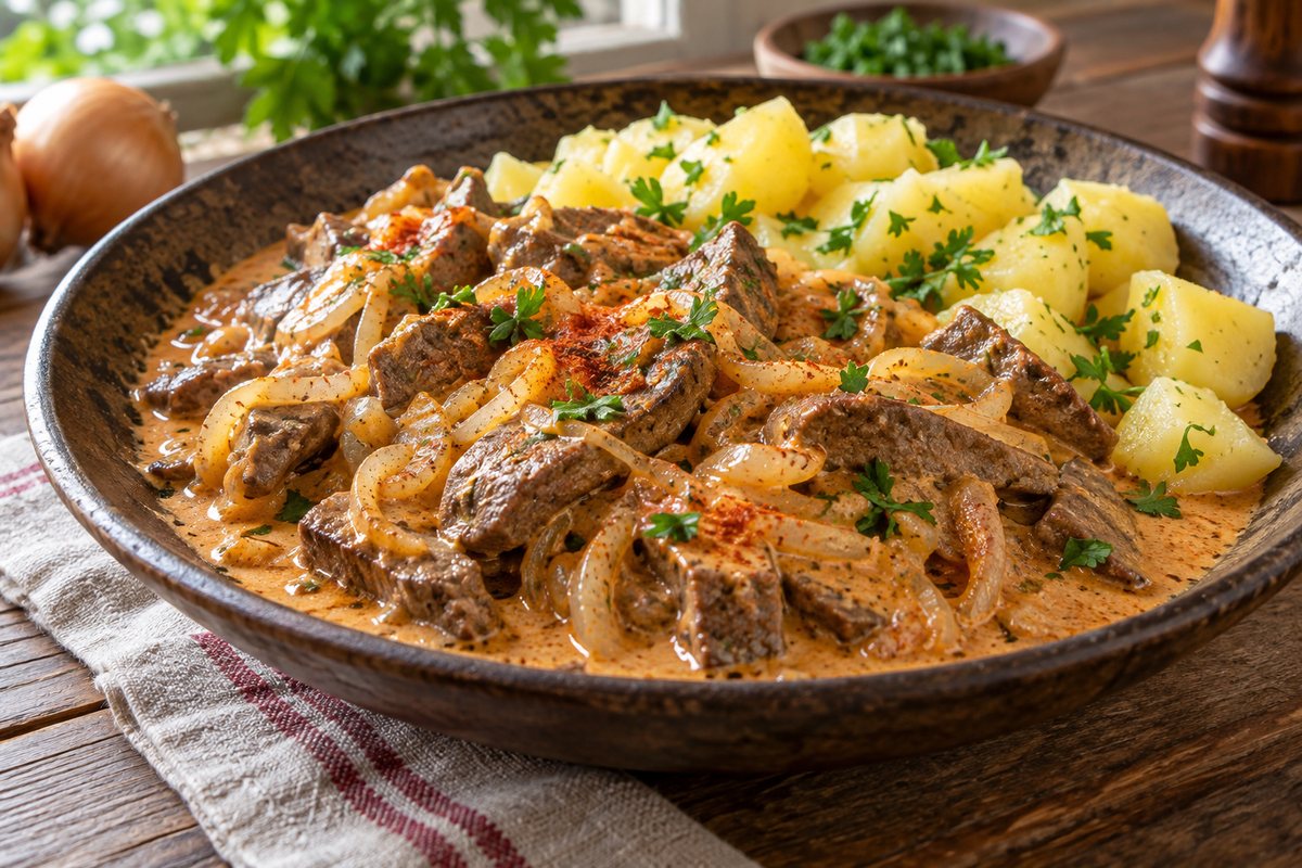 Говяжье лёгкое с луком и сметаной на сковороде