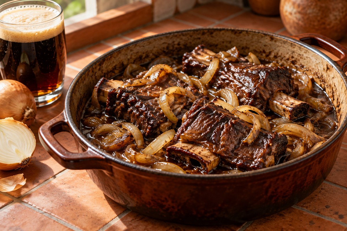 Говяжьи рёбра с луком и тёмным пивом
