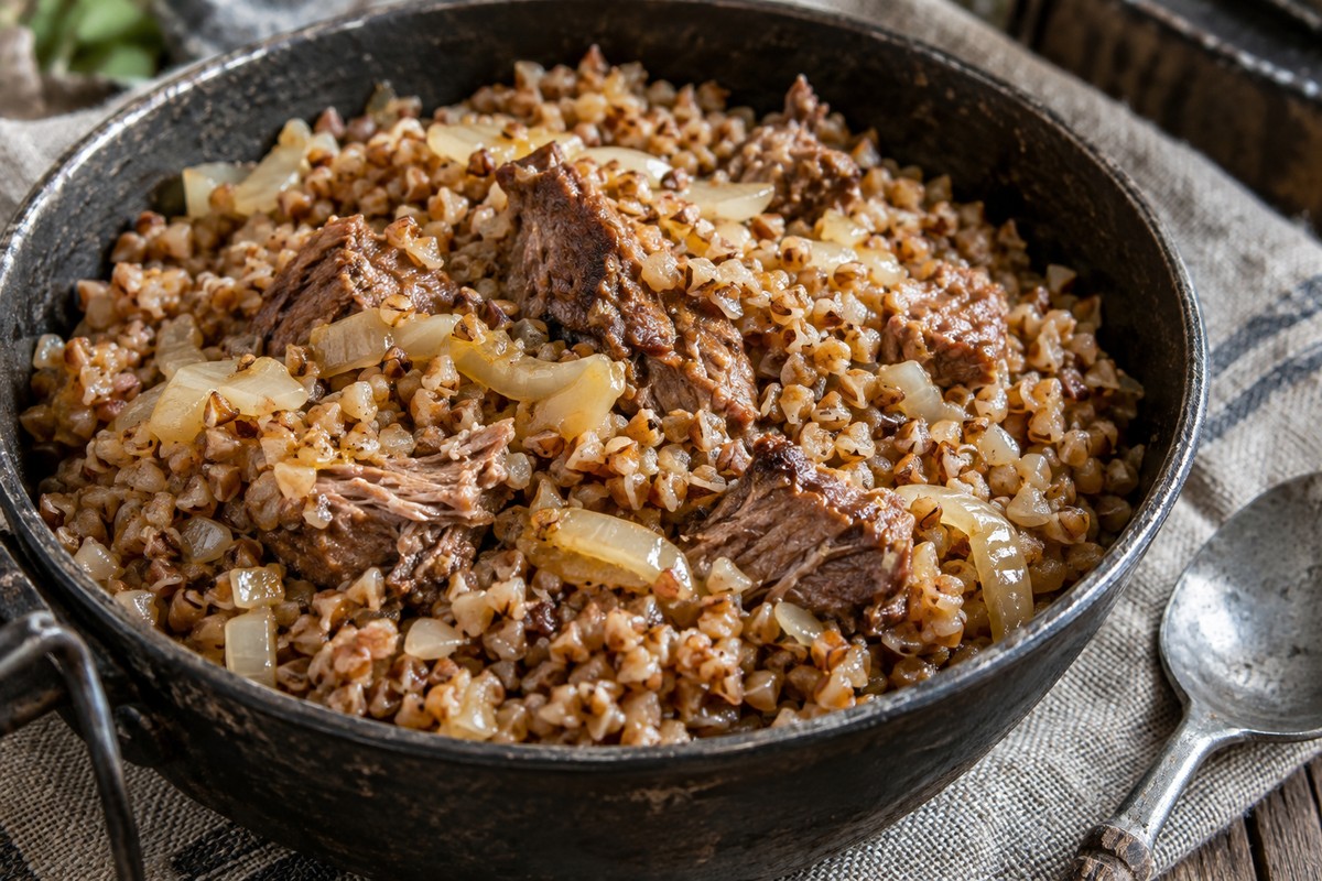 Гречневая каша с тушёнкой и луком