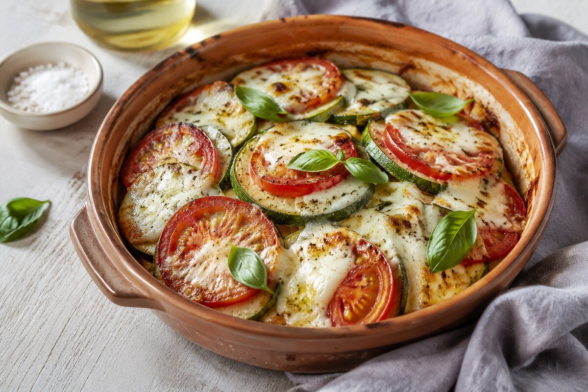 Кабачки, запечённые с томатами и моцареллой
