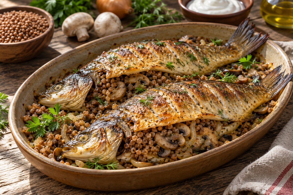 Карась, запечённый с гречкой и грибами