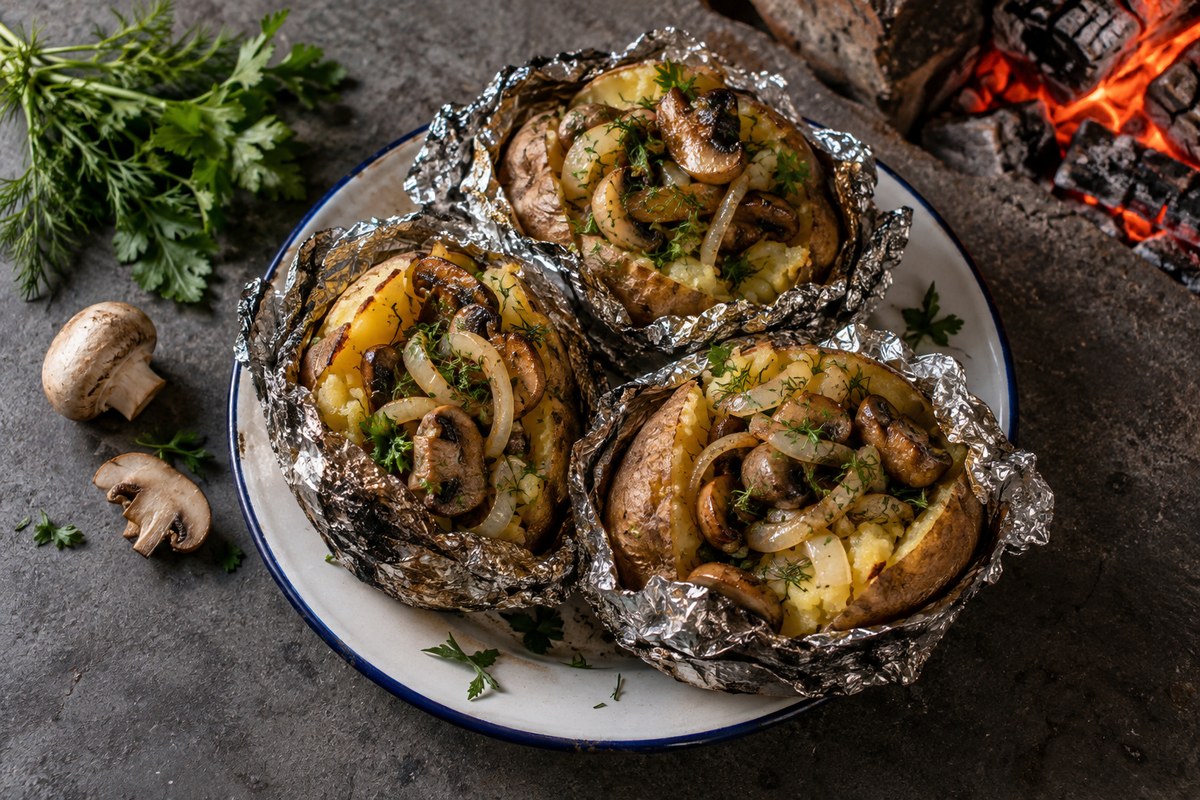 Картофель с грибами, запечённый в золе