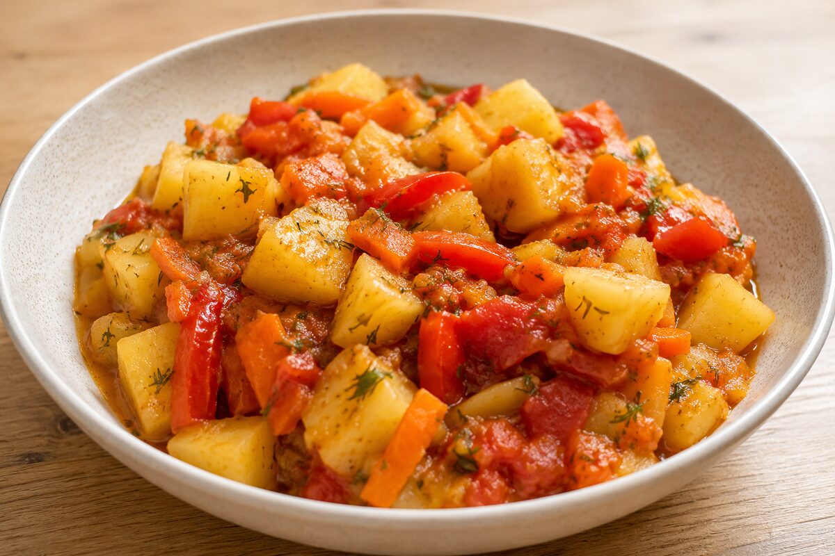 Картофель, тушённый с овощами