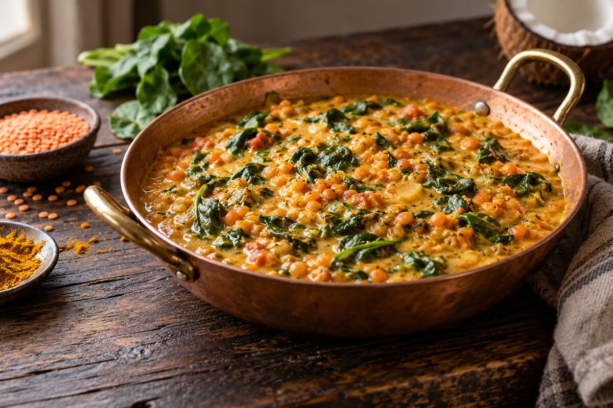 Красная чечевица с кокосовым молоком и шпинатом