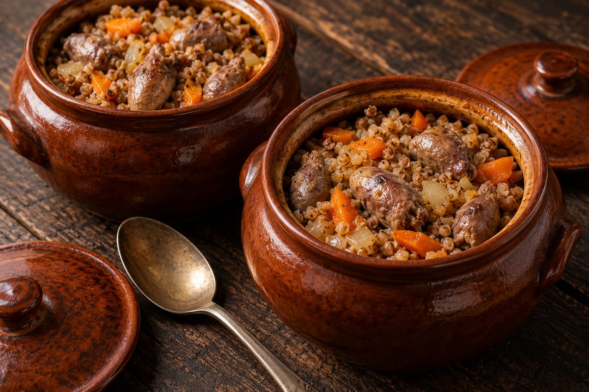 Куриные сердечки с гречкой в горшочках