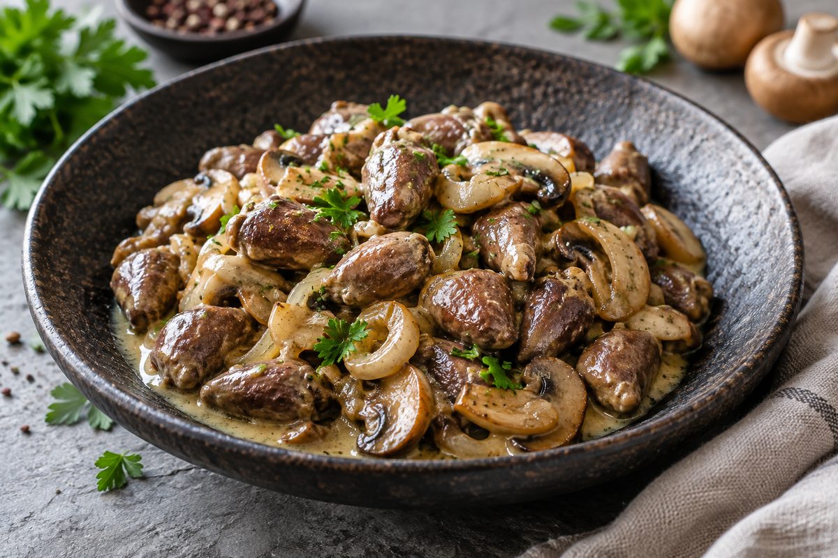 Куриные сердечки с грибами и луком