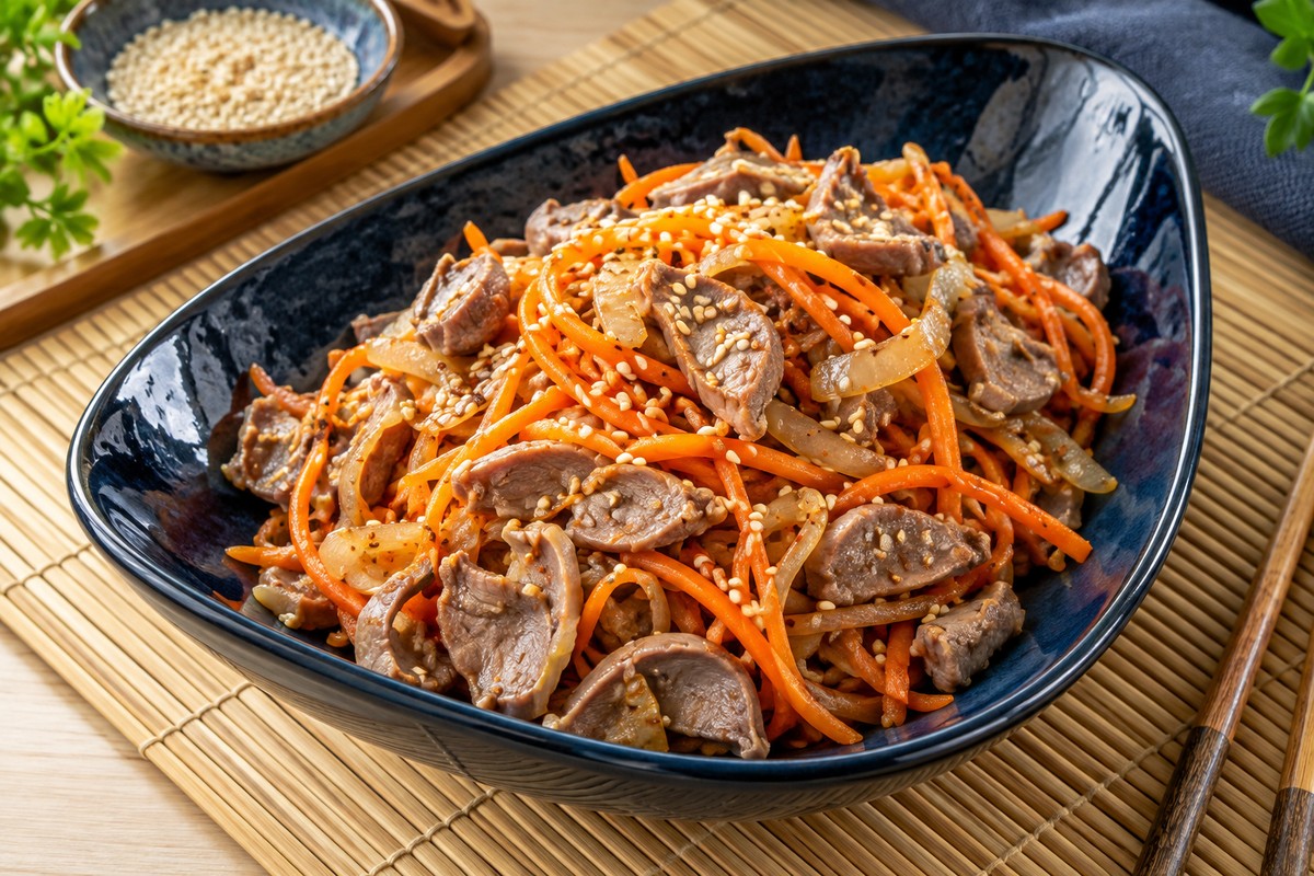 Куриные желудки с морковью и кунжутом