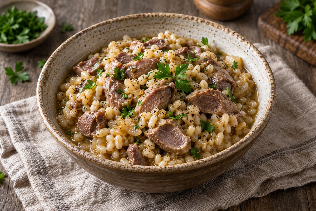 Куриные желудки, тушённые с перловкой