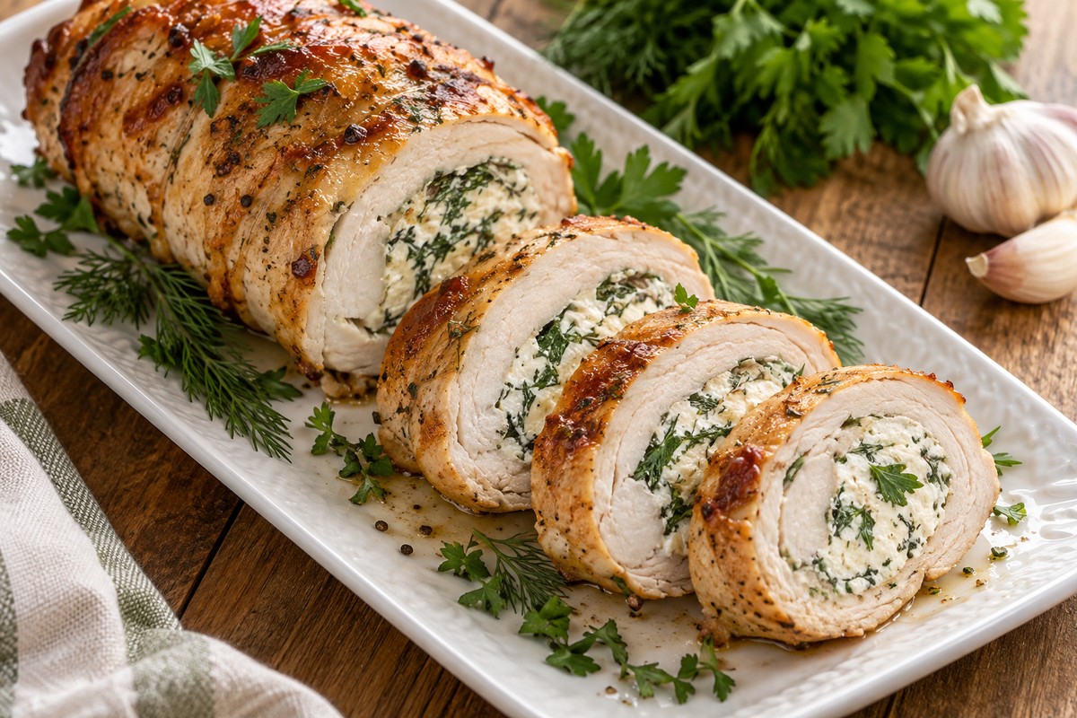 Куриный рулет с творожным сыром и зеленью