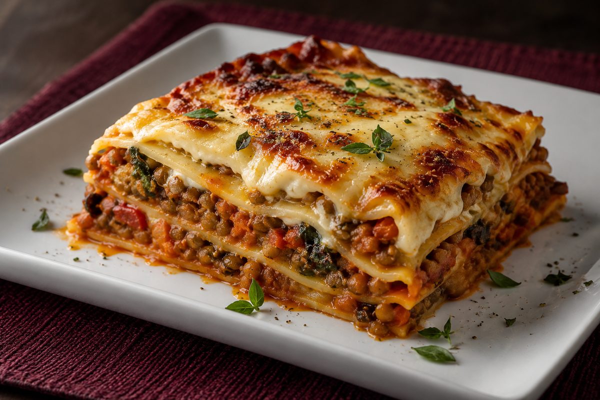 Лазанья с чечевицей и овощами