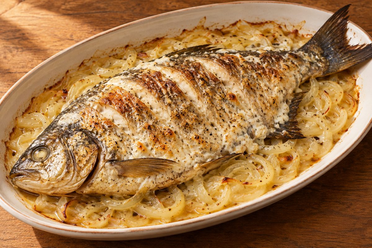 Лещ, запечённый с луком и сметаной