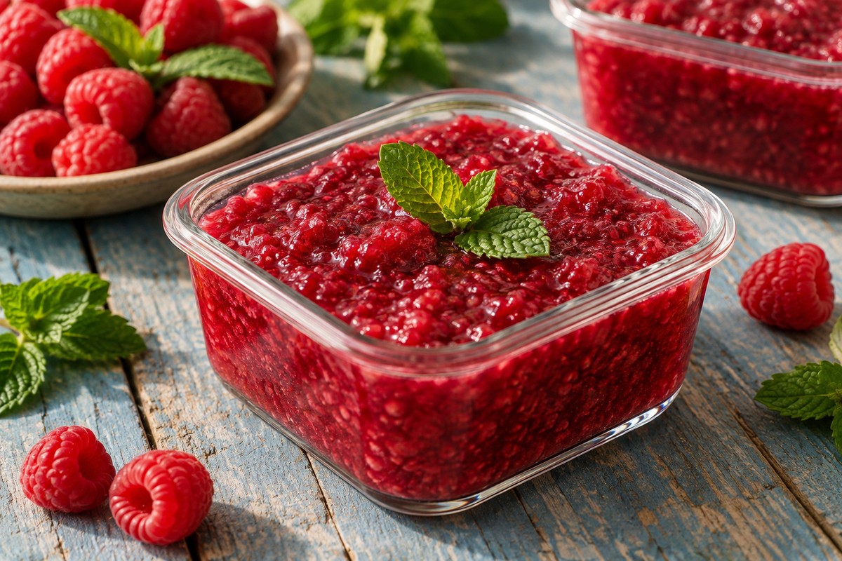 Малина, протёртая с сахаром и мятой на зиму