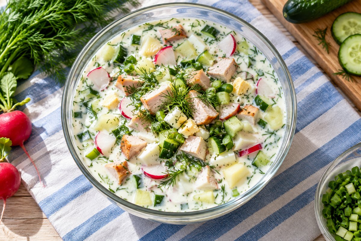 Окрошка на тане с копчёной курицей