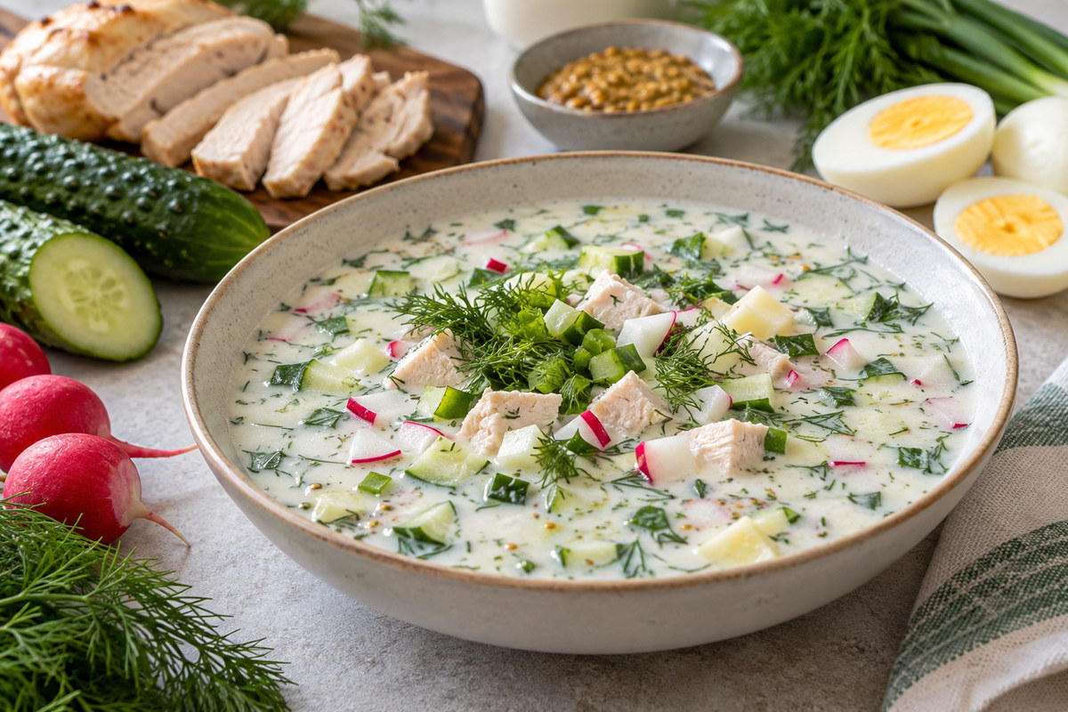 Окрошка с курицей на кефире и горчице