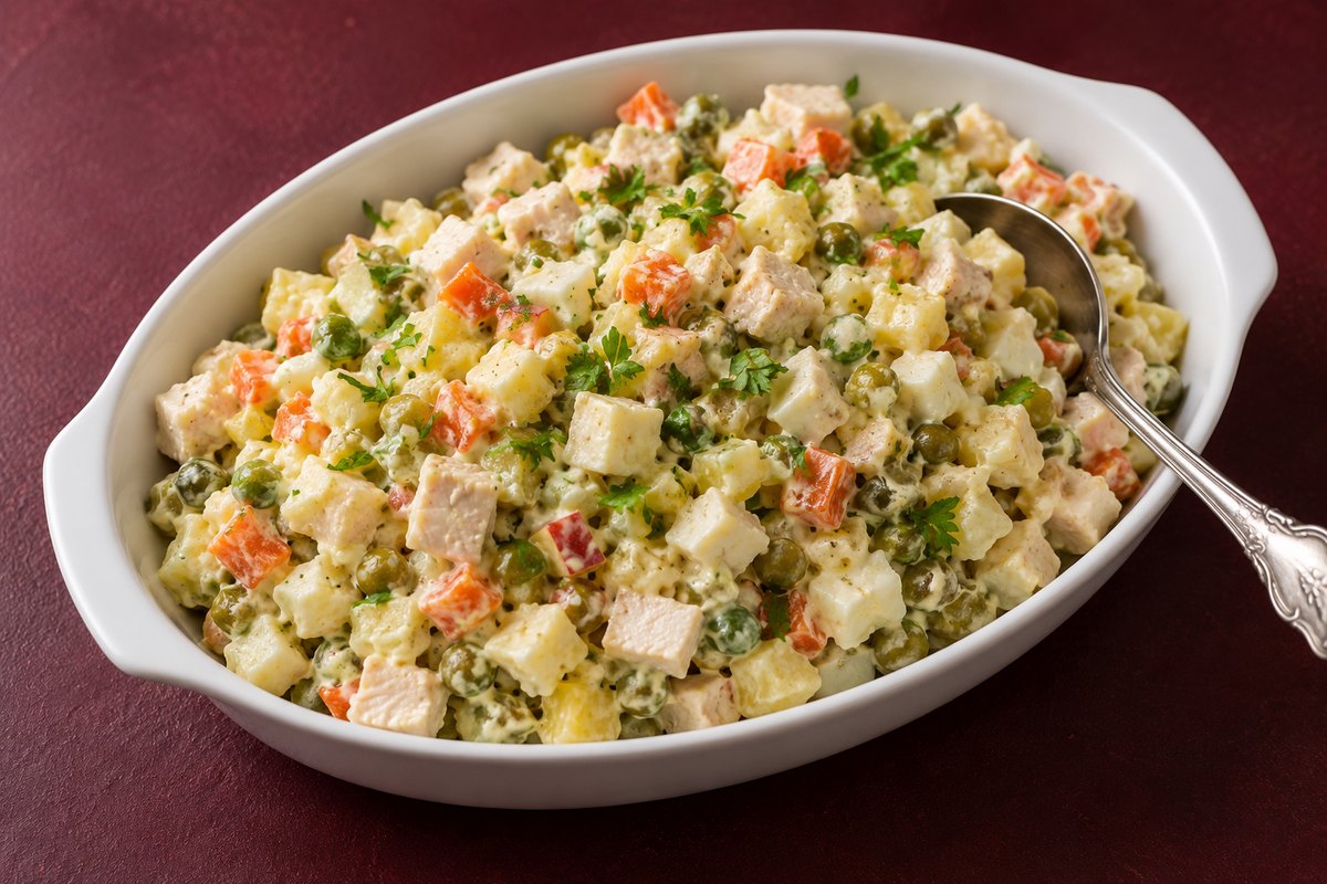 Оливье с запечённой курицей и яблоком