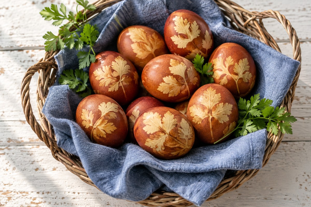 Пасхальные яйца с узорами в луковой шелухе