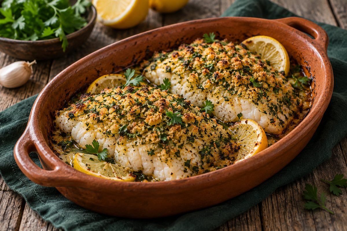 Пикша под корочкой из зелени и сухарей