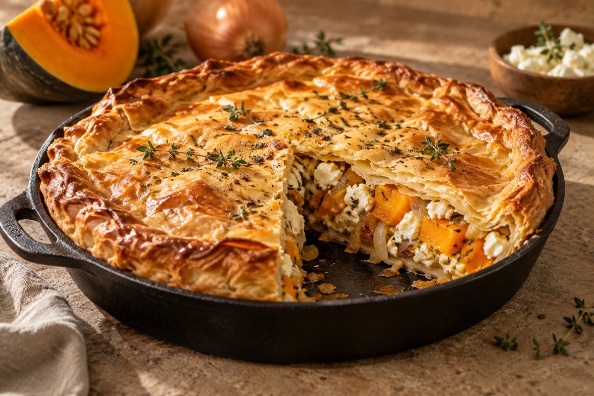 Пирог с тыквой, луком и брынзой