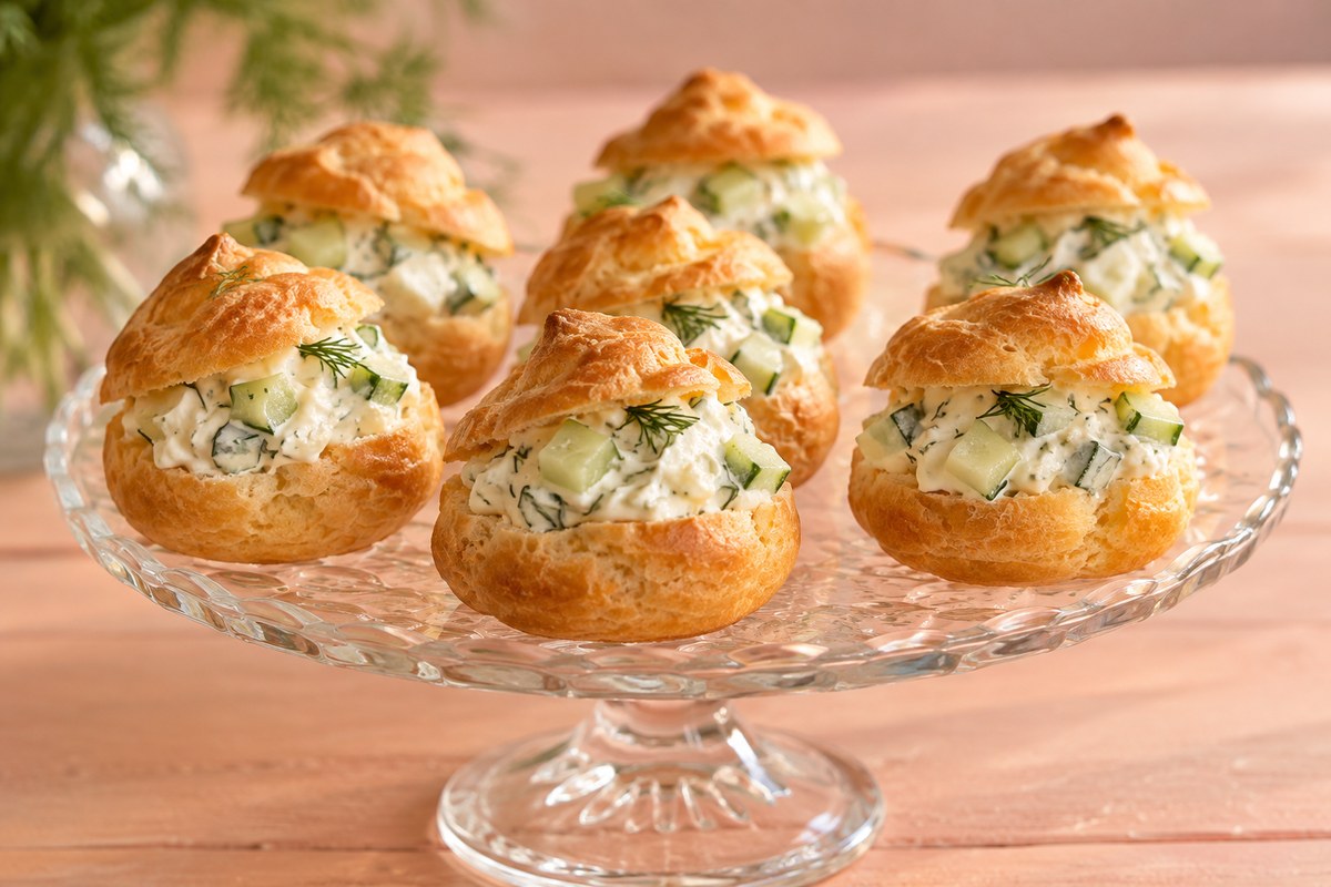 Профитроли с сырным кремом и огурцом