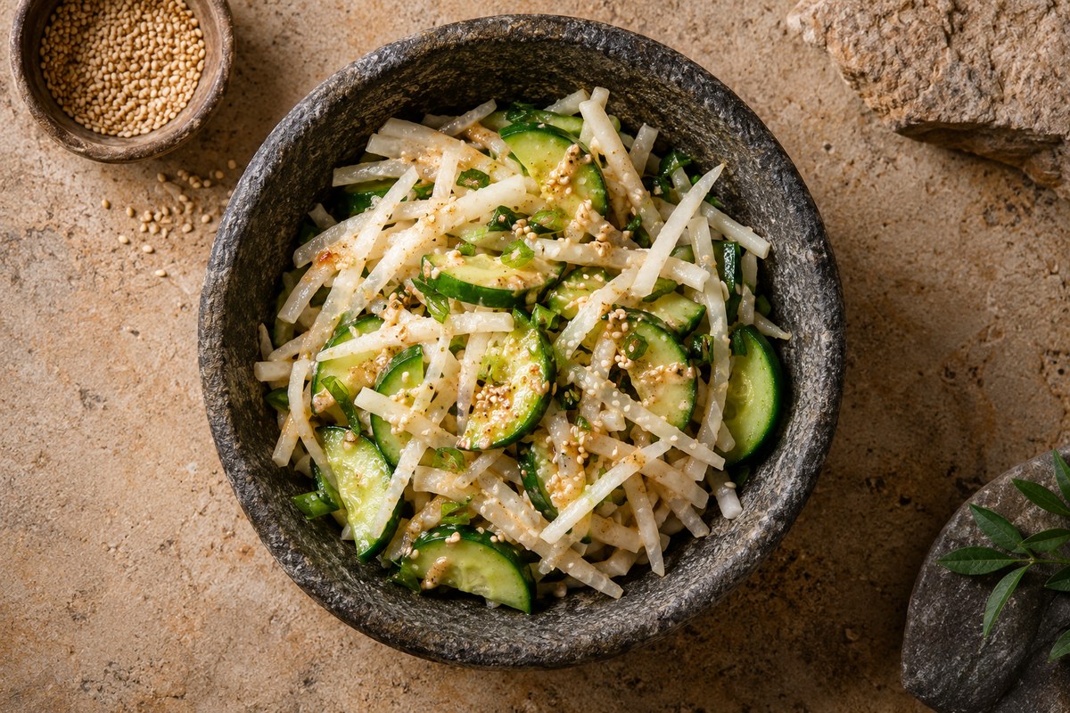 Редька с огурцом и кунжутной заправкой