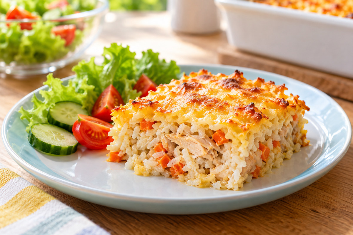 Рисовая запеканка с курицей и морковью для школьников