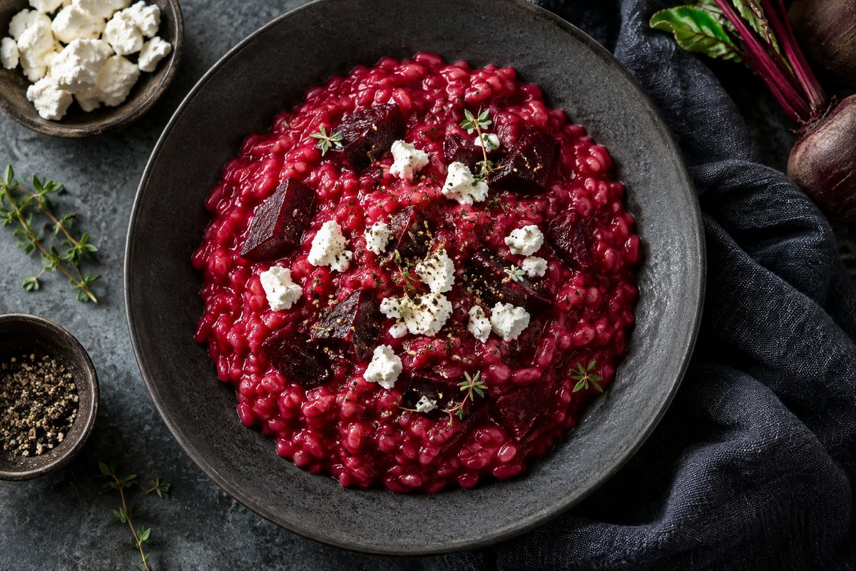 Ризотто с печёной свёклой и козьим сыром