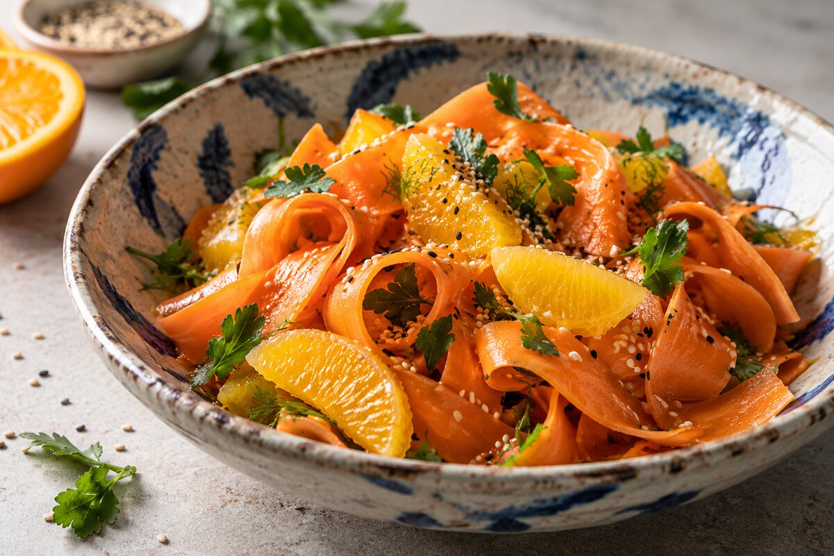 Салат из молодой моркови с апельсином и кунжутом