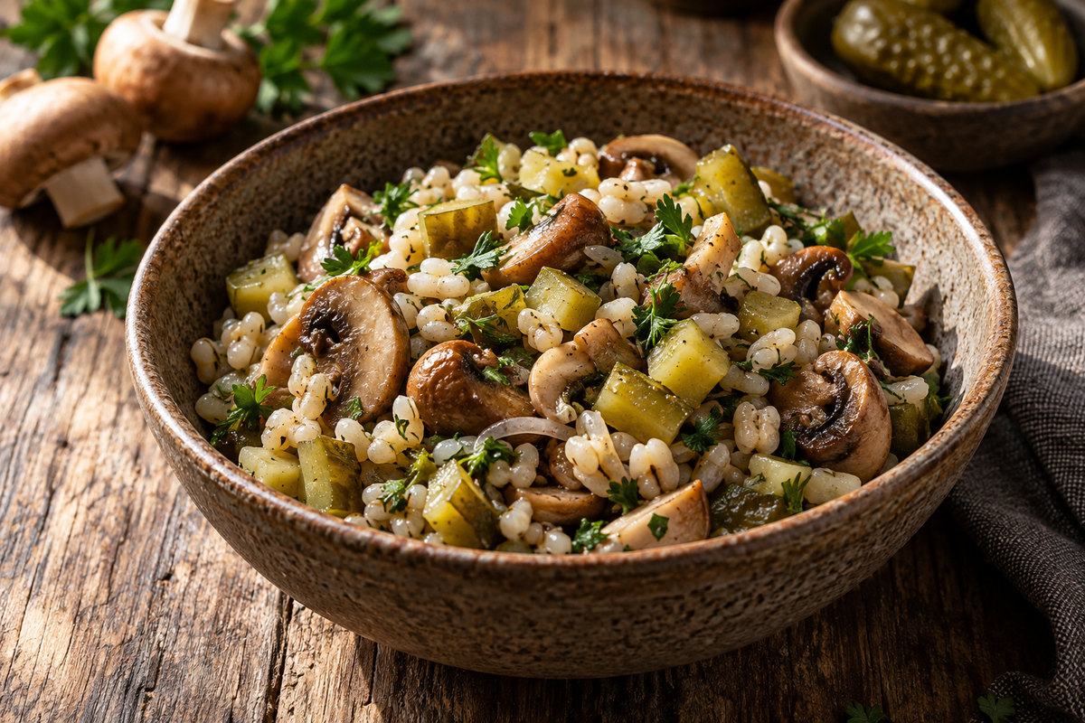 Салат с грибами, перловкой и солёным огурцом