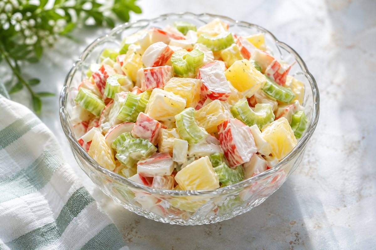 Салат с крабовыми палочками, ананасом и сельдереем