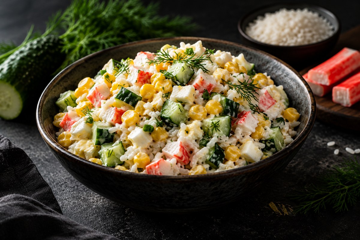 Салат с крабовыми палочками, рисом и огурцом