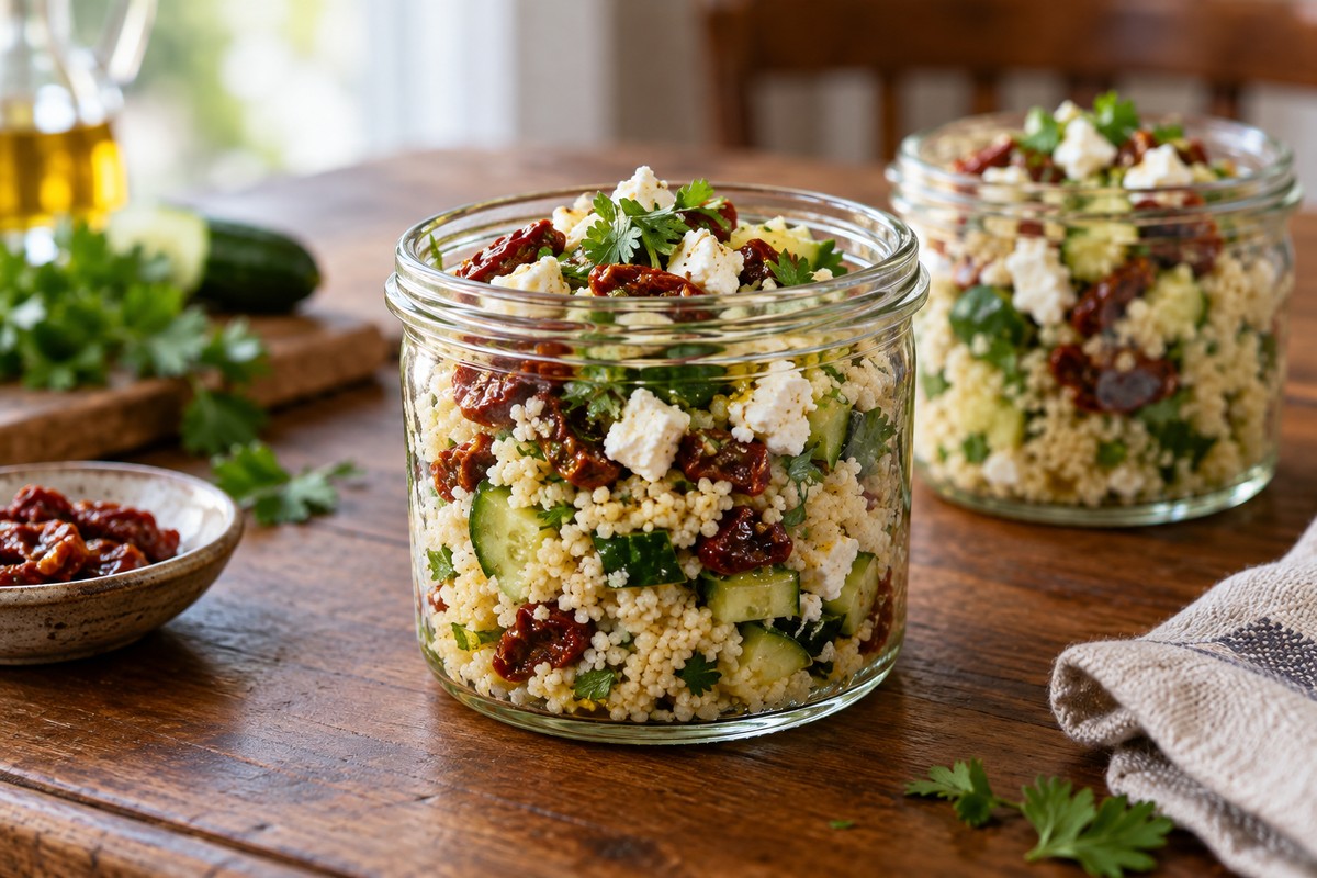 Салат с кускусом, фетой и вялеными томатами