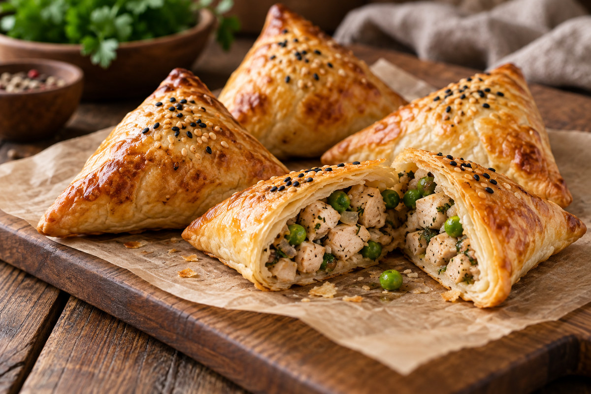 Самса с курицей и зелёным горошком