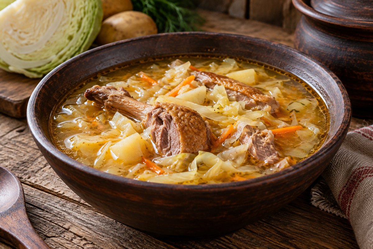Щи из свежей капусты с уткой