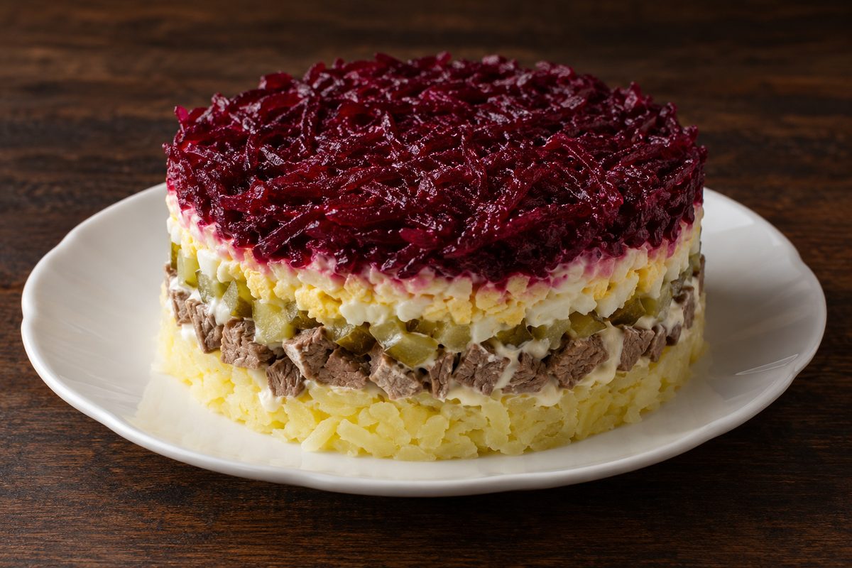 Слоёный салат с говядиной, свёклой и солёным огурцом