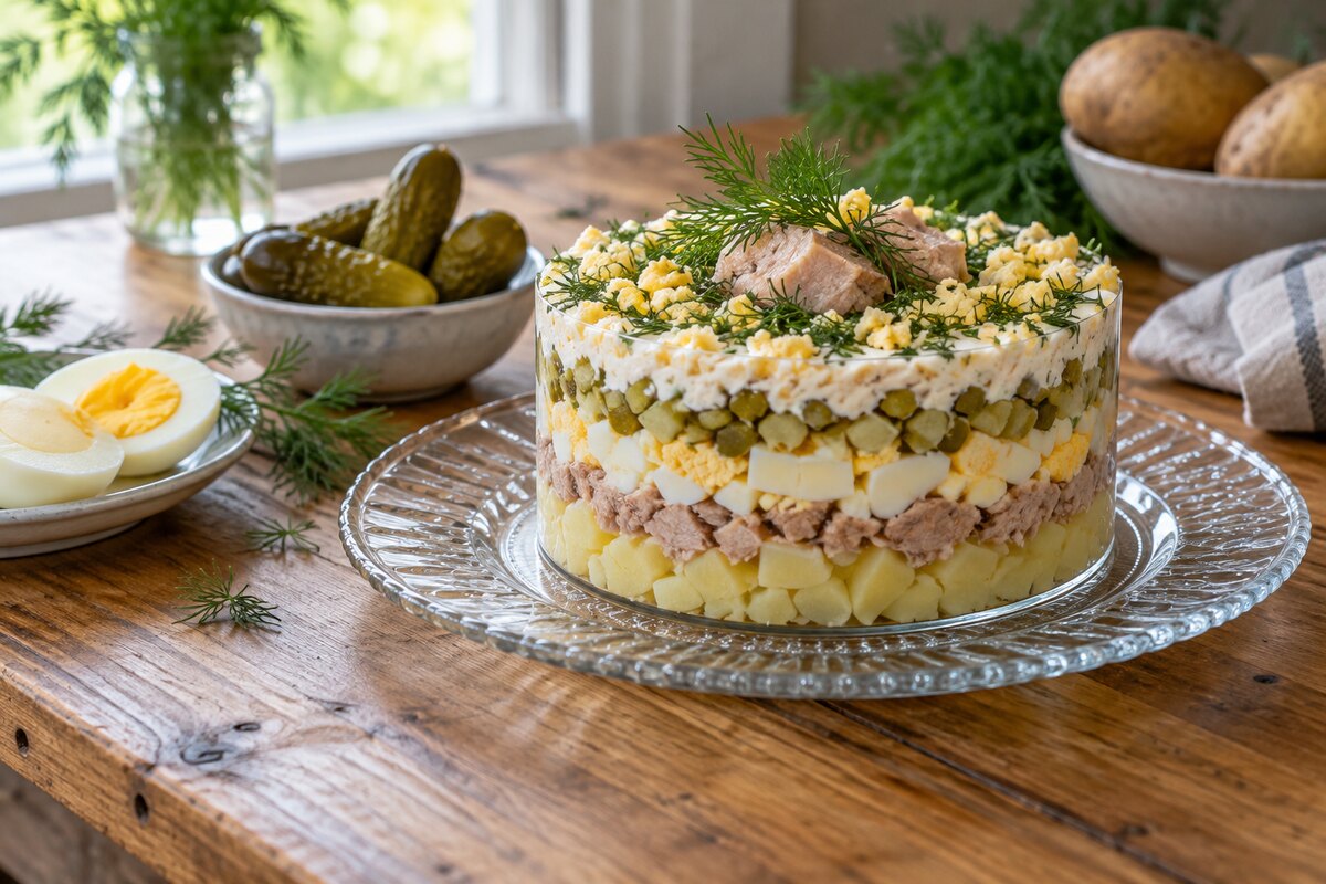 Слоёный салат с печенью трески и картофелем