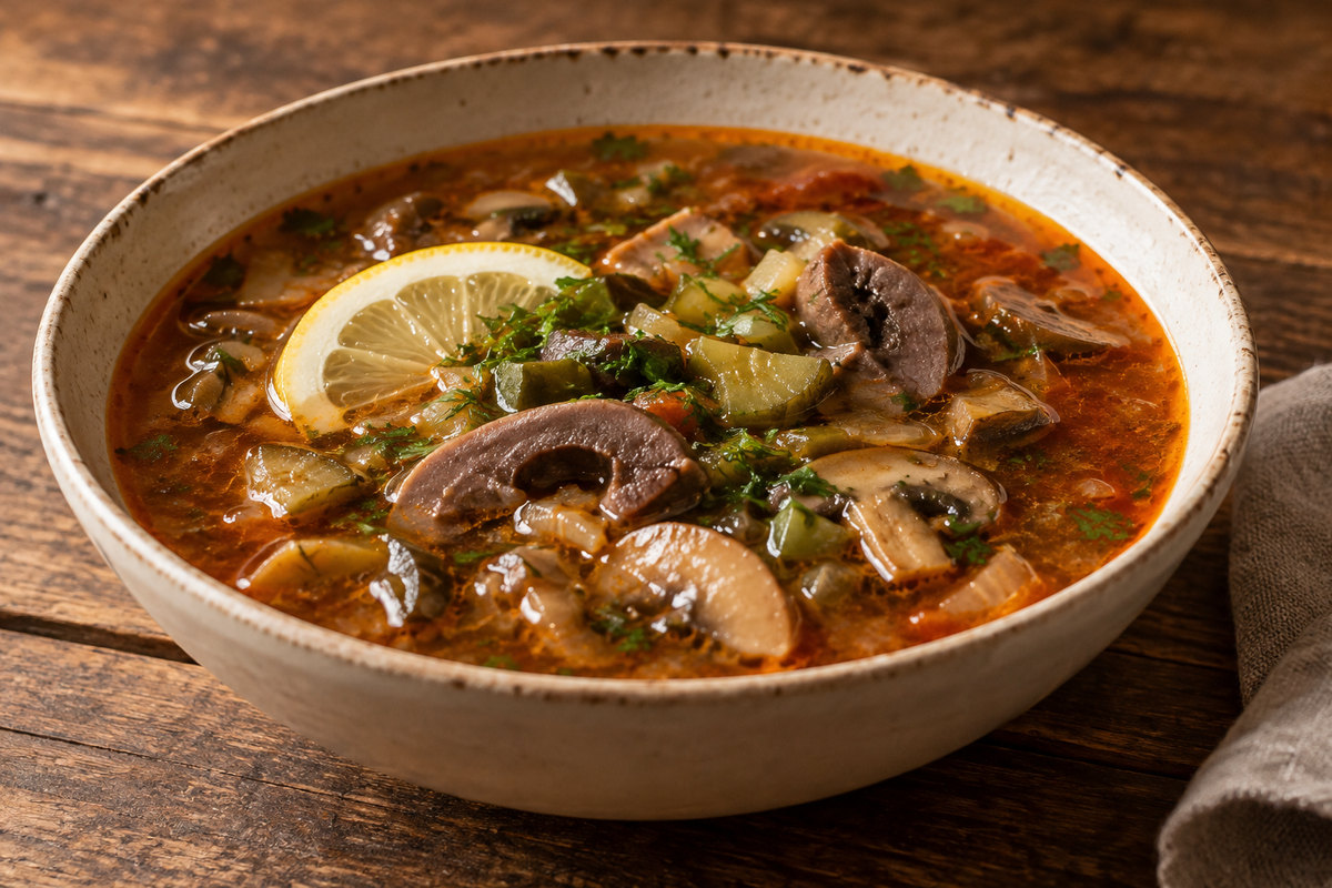 Солянка с говяжьими почками и солёными грибами