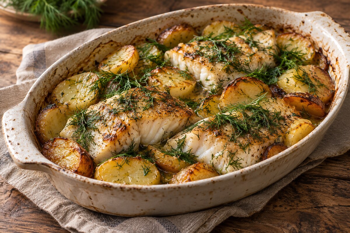 Сом, запечённый с картофелем и укропом