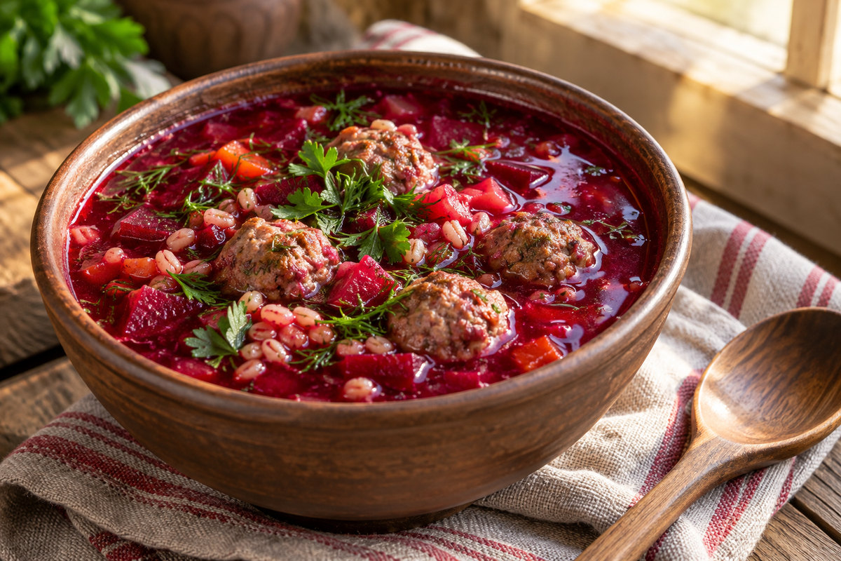 Свекольник с фрикадельками и перловкой
