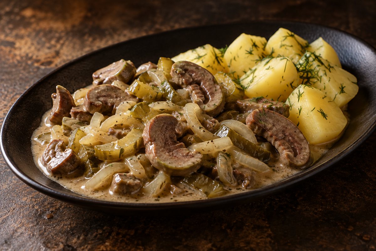Свиные почки с луком и солёными огурцами