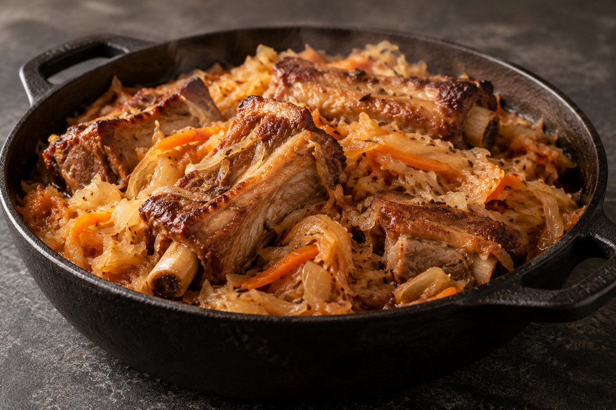 Свиные рёбра, тушённые с квашеной капустой