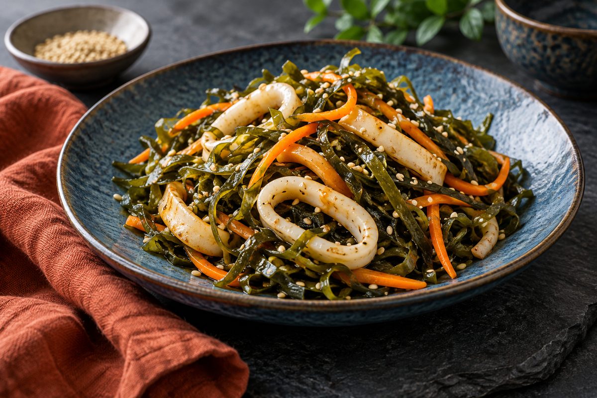 Тёплая морская капуста с кальмаром и кунжутом