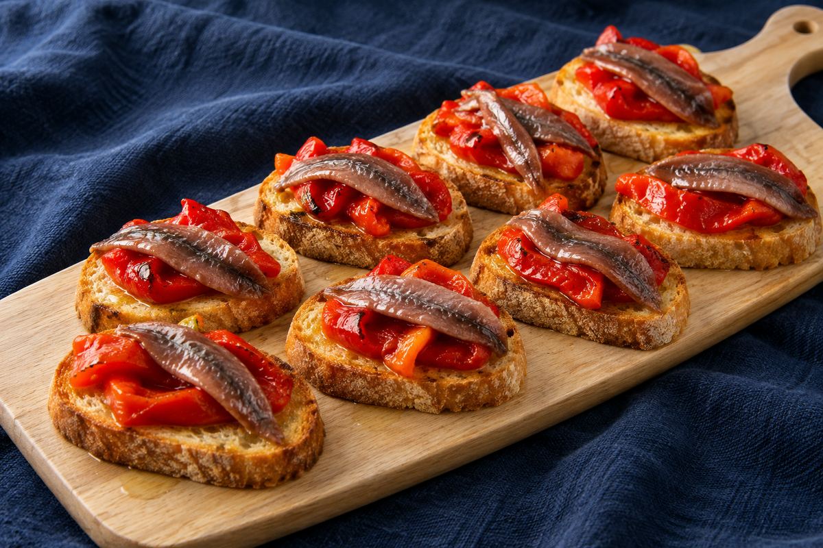 Тосты с анчоусами и печёным перцем