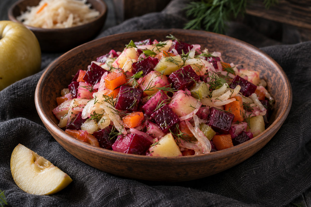 Винегрет с квашеной капустой и мочёным яблоком